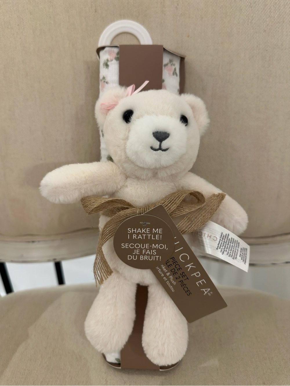 🤍 NWT Plush Ivory Teddy Bear Rattle Baby Toy with Muslin Cotton Floral Swaddle